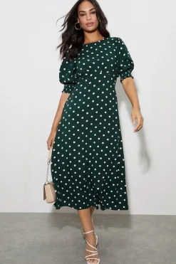 Dorothy Perkins Robe Mi-longue à Pois Verts avec Poignets Froncés<Femme Toutes Les Robes|Robes Mi-Longues