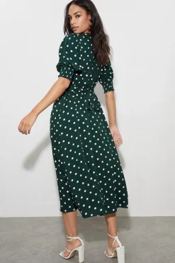 Dorothy Perkins Robe Mi-longue à Pois Verts avec Poignets Froncés<Femme Toutes Les Robes|Robes Mi-Longues
