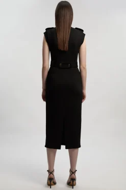 Robe Mi-Longue Ponte à Col V avec Détails Patte