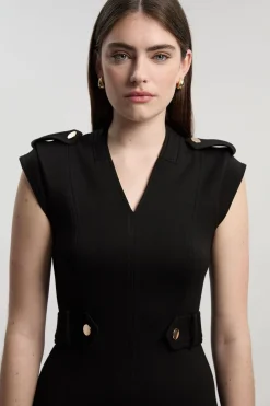 Robe Mi-Longue Ponte à Col V avec Détails Patte