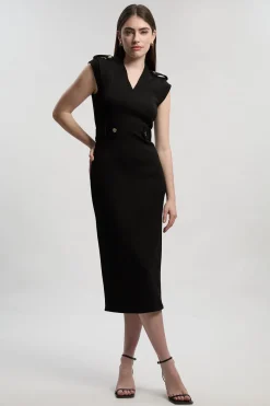 Robe Mi-Longue Ponte à Col V avec Détails Patte