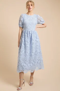 Robe Mi-longue Premium En Dentelle Florale À Manches Bouffantes