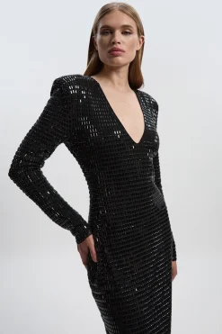 KarenMillen Robe Mi-longue Premium en Jersey à Manches Longues avec Décolleté Plongeant Ornée de Cristaux<Femme Robes Mi-Longues|Robes À Manches Longues