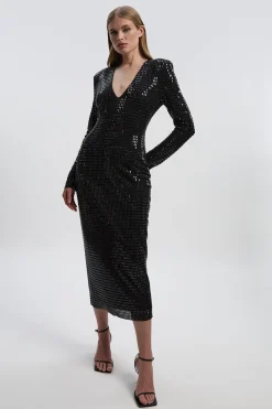 KarenMillen Robe Mi-longue Premium en Jersey à Manches Longues avec Décolleté Plongeant Ornée de Cristaux<Femme Robes Mi-Longues|Robes À Manches Longues