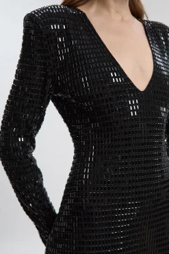 KarenMillen Robe Mi-longue Premium en Jersey à Manches Longues avec Décolleté Plongeant Ornée de Cristaux<Femme Robes Mi-Longues|Robes À Manches Longues