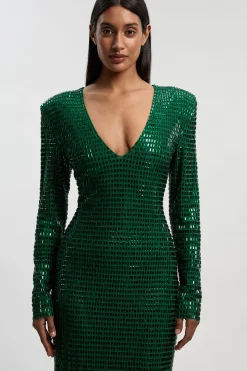 Robe Mi-Longue Premium à Manches Longues en Jersey Ornée de Cristaux avec Décolleté Plongeant
