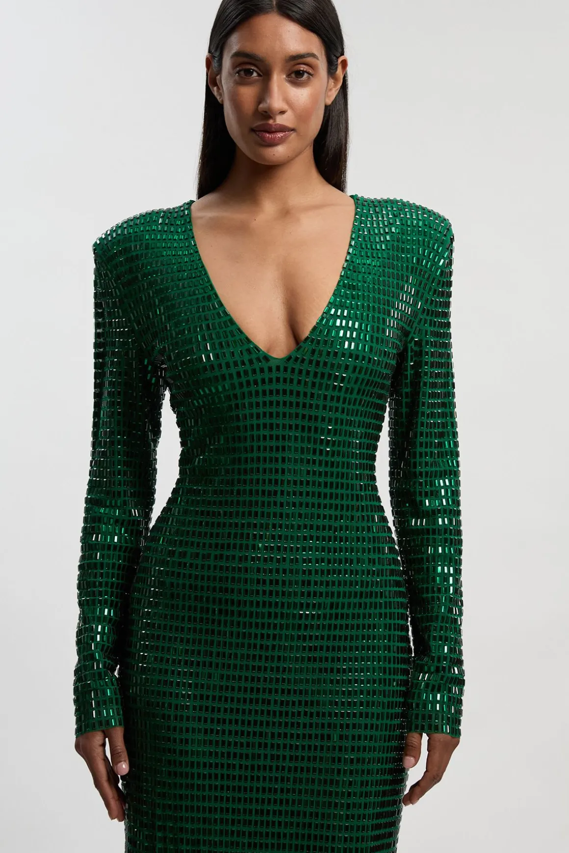 Robe Mi-Longue Premium à Manches Longues en Jersey Ornée de Cristaux avec Décolleté Plongeant