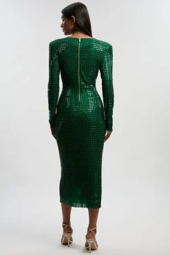 Robe Mi-Longue Premium à Manches Longues en Jersey Ornée de Cristaux avec Décolleté Plongeant