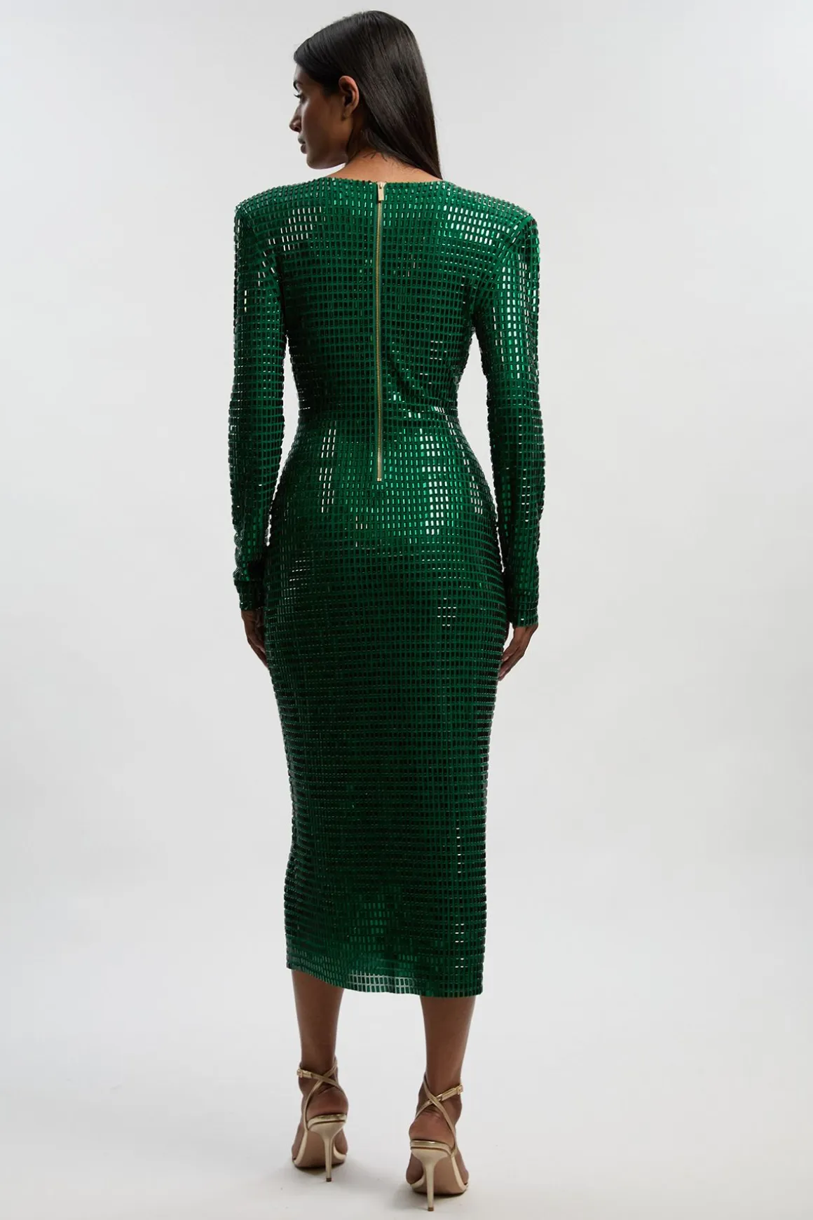 Robe Mi-Longue Premium à Manches Longues en Jersey Ornée de Cristaux avec Décolleté Plongeant