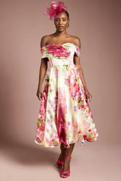Coast Robe Mi-longue à Rayures en Organza avec Haut Plissé<Femme Toutes Les Robes|Robes Mi-Longues