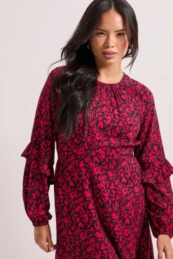 Robe Mi-Longue Rose à Manches Bouffantes Volantées et Couture Empire