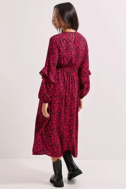 Robe Mi-Longue Rose à Manches Bouffantes Volantées et Couture Empire