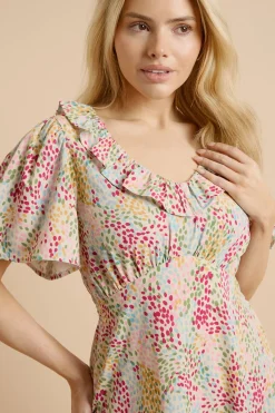 Dorothy Perkins Robe Mi-longue Rose À Motif Floral Avec Manches Papillon Encolure À Volants Et Bordure En Dentelle<Femme Robes|Satin Et Dentelle
