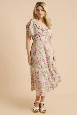 Dorothy Perkins Robe Mi-longue Rose À Motif Floral Avec Manches Papillon Encolure À Volants Et Bordure En Dentelle<Femme Robes|Satin Et Dentelle