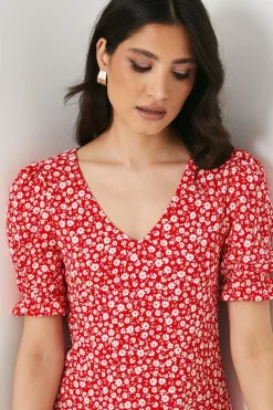 Dorothy Perkins Robe Mi-longue Rouge à Motif Fleuri Col V Manches Courtes en Jersey<Femme Robes|Robes Mi-Longues
