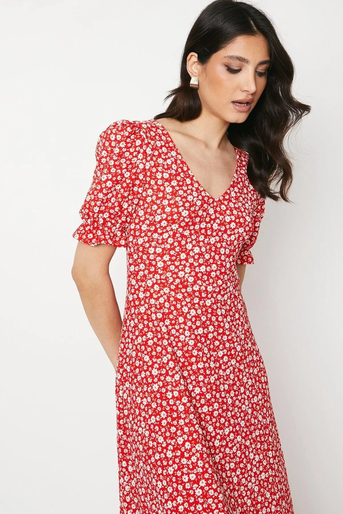 Dorothy Perkins Robe Mi-longue Rouge à Motif Fleuri Col V Manches Courtes en Jersey<Femme Robes|Robes Mi-Longues