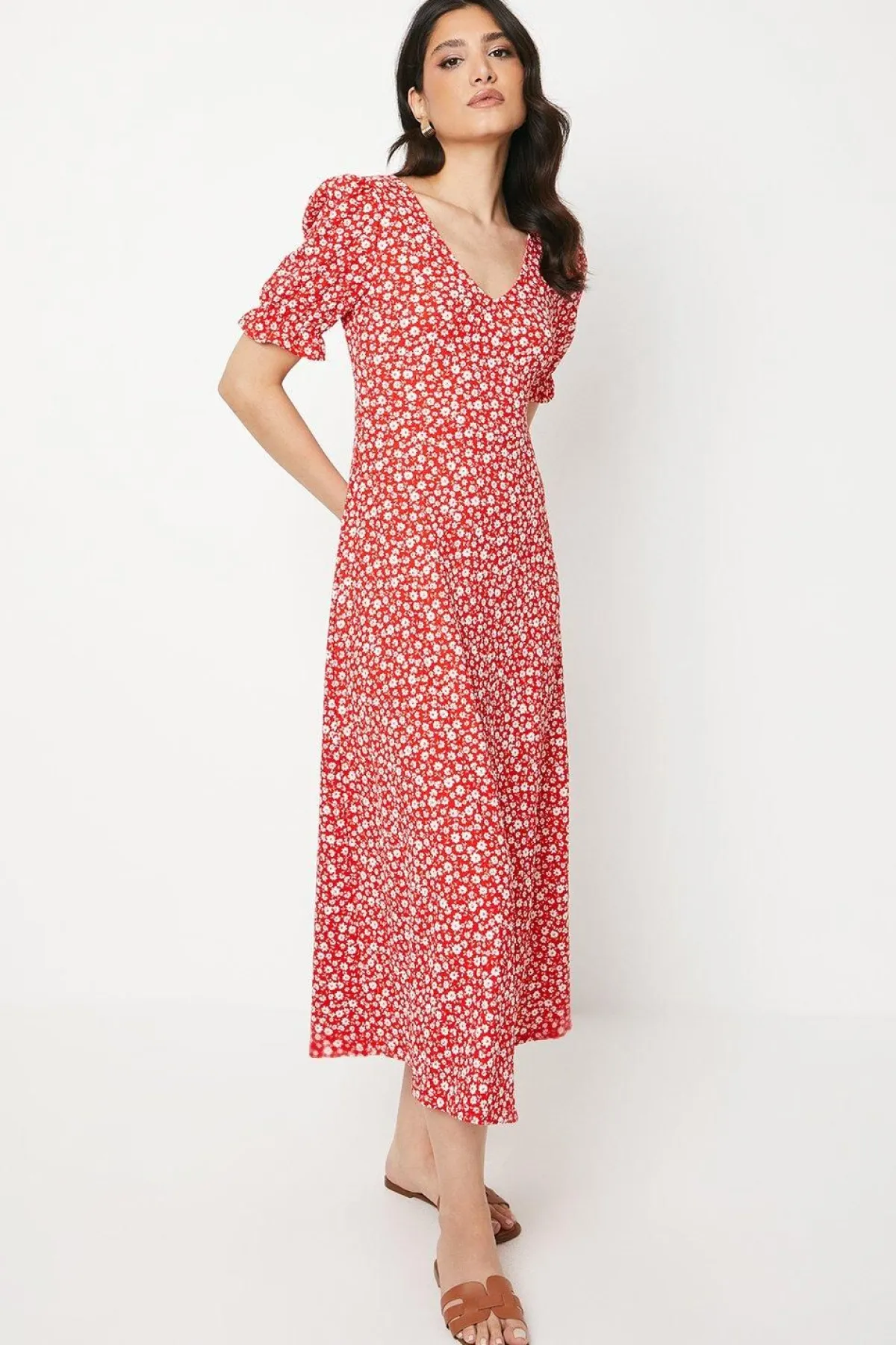 Dorothy Perkins Robe Mi-longue Rouge à Motif Fleuri Col V Manches Courtes en Jersey<Femme Robes|Robes Mi-Longues