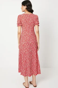Dorothy Perkins Robe Mi-longue Rouge à Motif Fleuri Col V Manches Courtes en Jersey<Femme Robes|Robes Mi-Longues