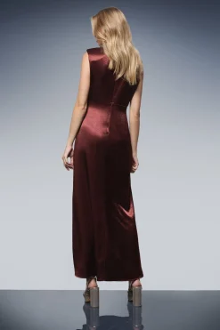 Robe Mi-Longue Sans Manches Col Montant avec Insert en Dentelle
