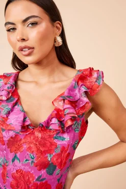 Dorothy Perkins Robe Mi-Longue Sans Manches à Volants Devant en Mousseline Jacquard Imprimée DP Luxe<Femme Toutes Les Robes|Robes Mi-Longues