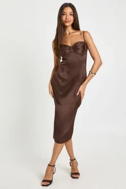 Robe Mi-Longue Satinée à Bustier Froncé