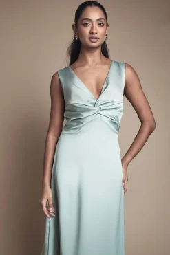Robe Mi-Longue Satinée Demoiselle d'Honneur Col V Torsadé avec Lien Dos