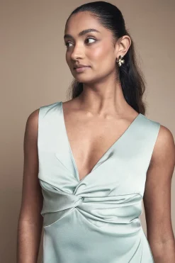 Robe Mi-Longue Satinée Demoiselle d'Honneur Col V Torsadé avec Lien Dos