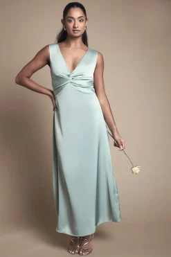 Robe Mi-Longue Satinée Demoiselle d'Honneur Col V Torsadé avec Lien Dos