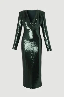 KarenMillen Robe Mi-Longue à Sequins Col Bénitier Plongeant Manches Longues Épaules Structurées<Femme Robes Mi-Longues|Robes À Manches Longues