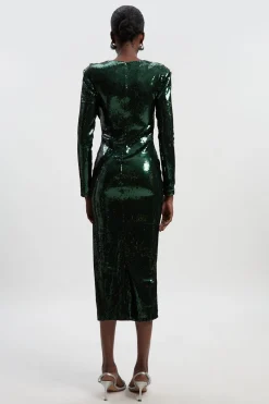 KarenMillen Robe Mi-Longue à Sequins Col Bénitier Plongeant Manches Longues Épaules Structurées<Femme Robes Mi-Longues|Robes À Manches Longues