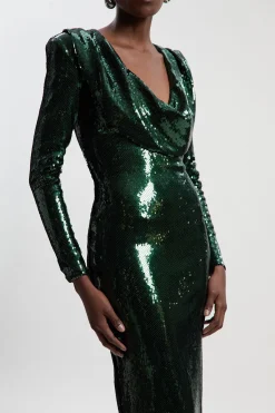 KarenMillen Robe Mi-Longue à Sequins Col Bénitier Plongeant Manches Longues Épaules Structurées<Femme Robes Mi-Longues|Robes À Manches Longues