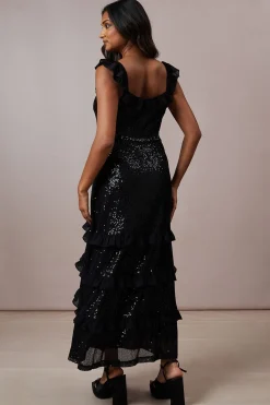 Robe Mi-Longue à Sequins et Volants de Soirée