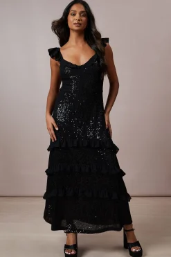 Robe Mi-Longue à Sequins et Volants de Soirée