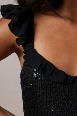 Robe Mi-Longue à Sequins et Volants de Soirée