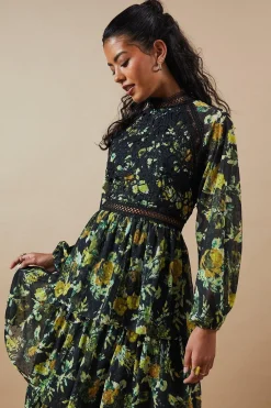 Oasis Robe Mi-Longue Étagée en Mousseline Dobby à Imprimé Floral avec Finitions Dentelle Petite Occasion<Femme Satin Et Dentelle|Robes À Manches Longues