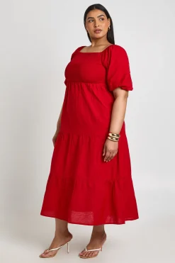 boohoo Robe Mi-longue Étagée Grande Taille À Manches Bouffantes Effet Lin<Femme Toutes Les Robes|Robes