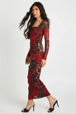 Robe Mi-Longue Tall à Imprimé Léopard Floral en Mesh avec Encolure Carrée et Fronces