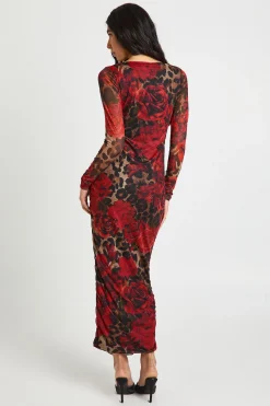 Robe Mi-Longue Tall à Imprimé Léopard Floral en Mesh avec Encolure Carrée et Fronces