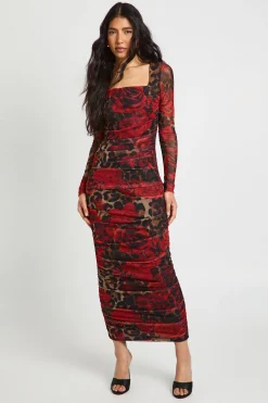 Robe Mi-Longue Tall à Imprimé Léopard Floral en Mesh avec Encolure Carrée et Fronces