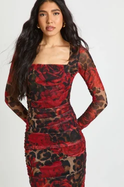 Robe Mi-Longue Tall à Imprimé Léopard Floral en Mesh avec Encolure Carrée et Fronces