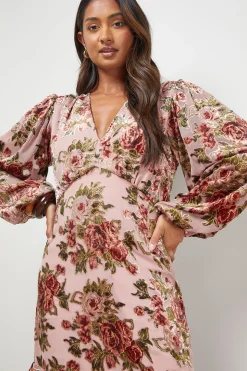 Robe Mi-Longue Tea Dress Dévorée à Manches Bouffantes Étagées