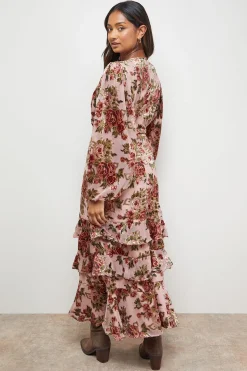 Robe Mi-Longue Tea Dress Dévorée à Manches Bouffantes Étagées