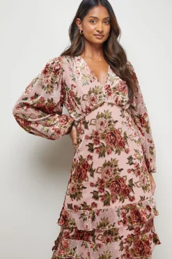 Robe Mi-Longue Tea Dress Dévorée à Manches Bouffantes Étagées