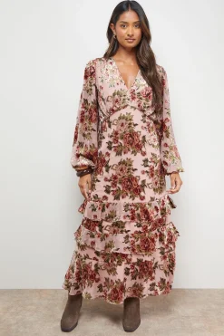 Robe Mi-Longue Tea Dress Dévorée à Manches Bouffantes Étagées