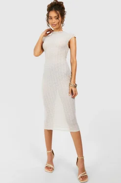 Robe mi-longue texturée à col cheminée