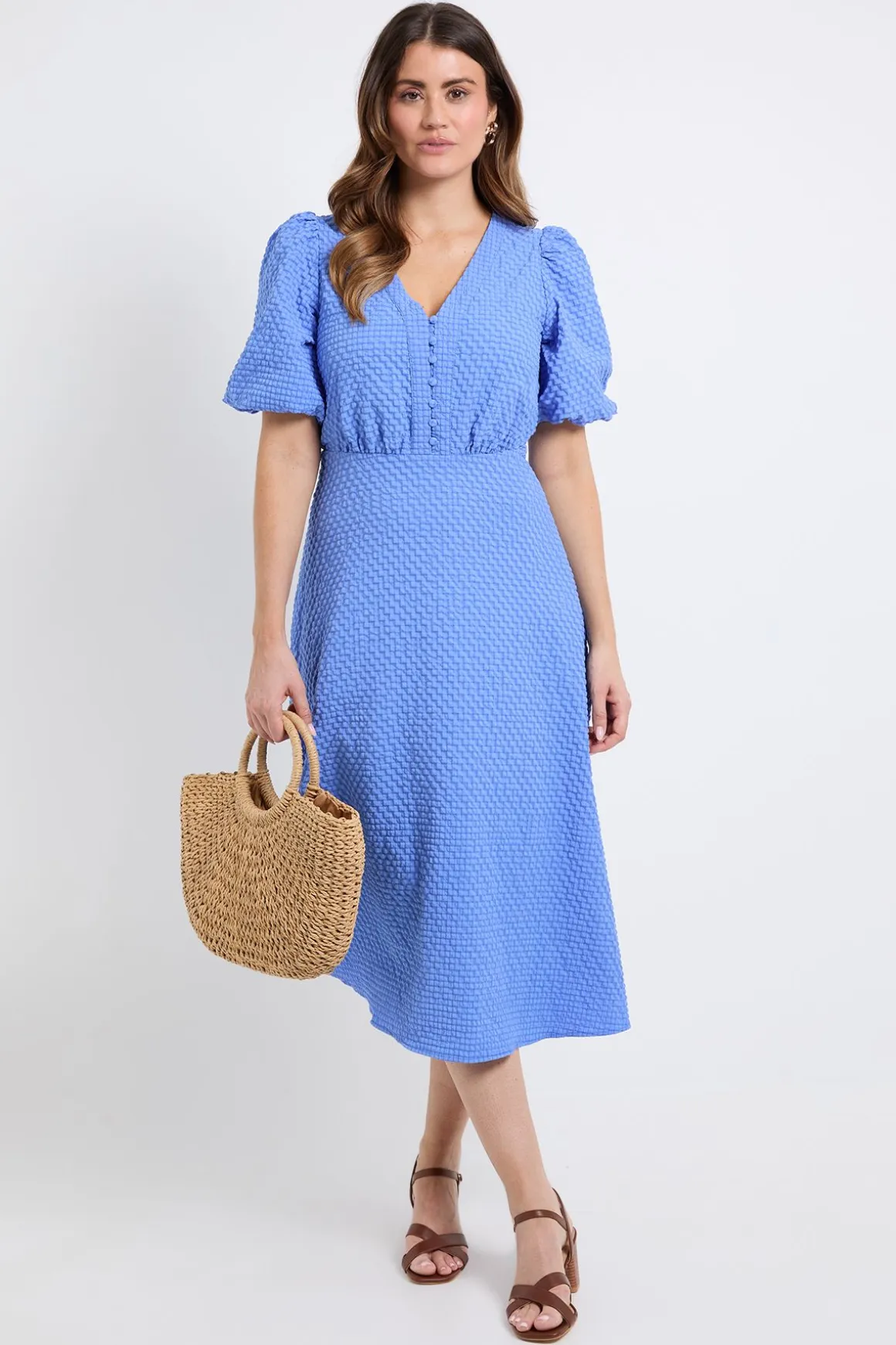Robe Mi-longue Texturée À Manches Bouffantes