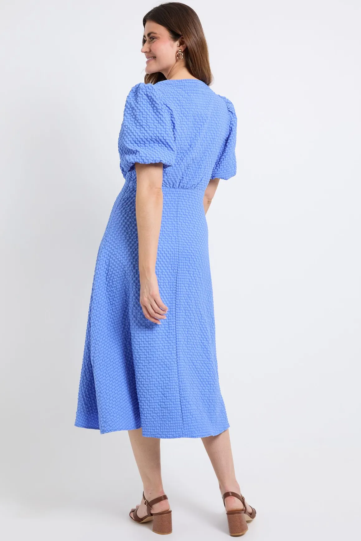 Robe Mi-longue Texturée À Manches Bouffantes
