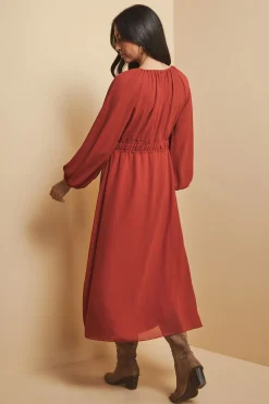 Robe Mi-Longue Tissée avec Détail Nœud Devant à la Taille