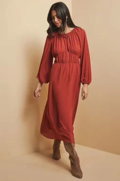 Robe Mi-Longue Tissée avec Détail Nœud Devant à la Taille