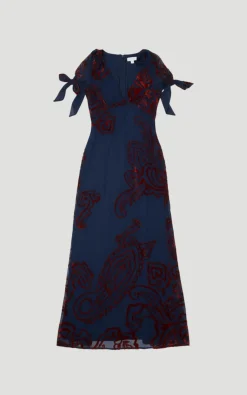 Robe Mi-Longue Tissée à Décolleté Plongeant Motif Paisley Dévoré